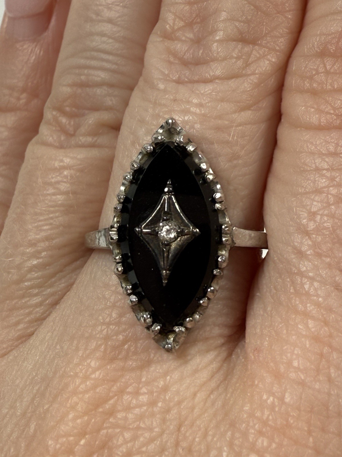 Vintage Art Deco 14k White Gold Marquise Black Onyx Diamond Ring Size 7