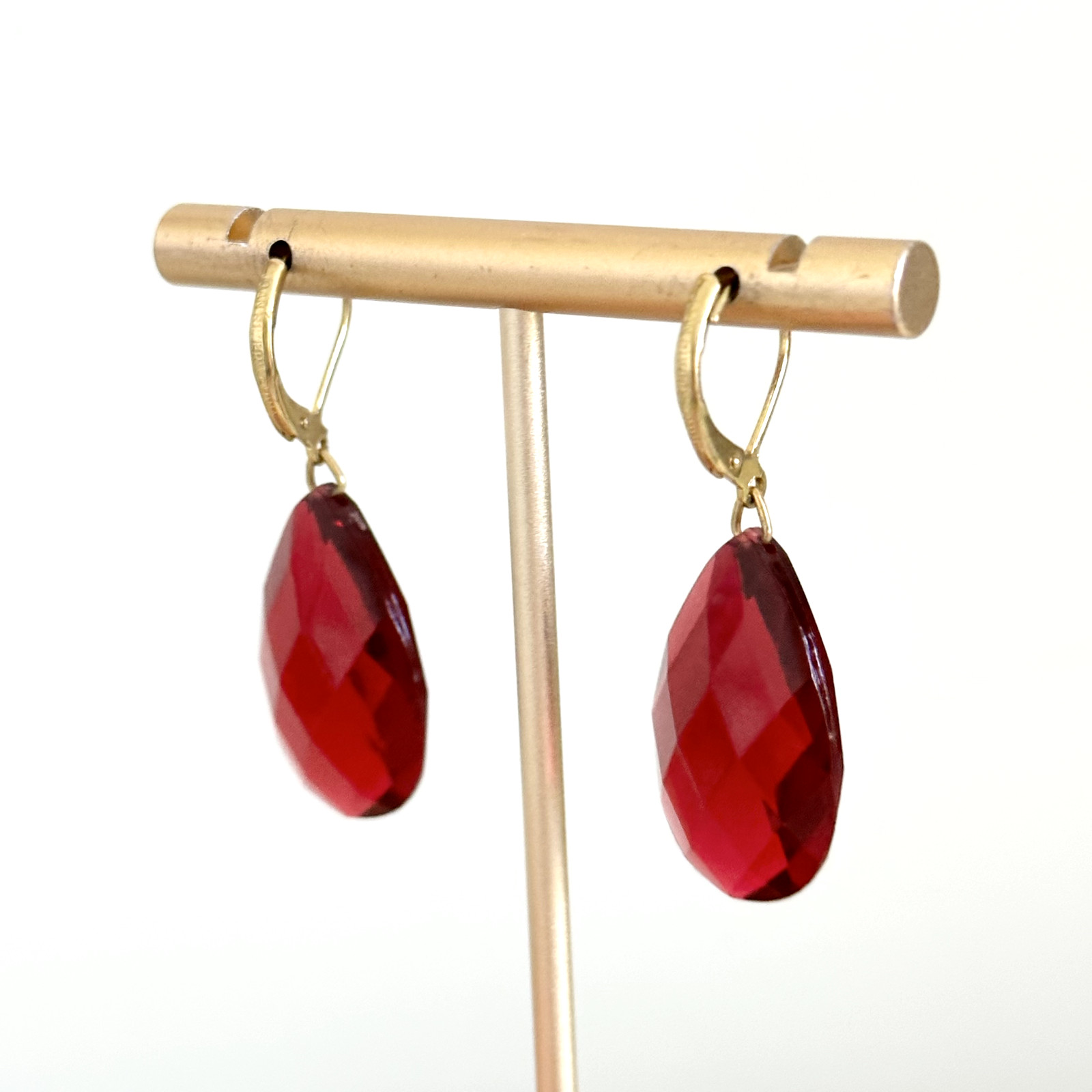 Vintage Joan Rivers Red Acrylic Faceted Crystal Gold Tone Leverback Earrings