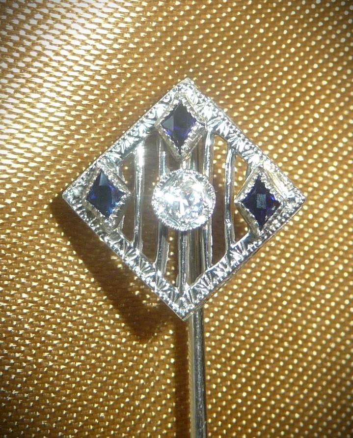 BEAUTIFUL ANTIQUE CIRCA 1920 18K WHITE GOLD DIAMOND SAPPHIRE STICK PIN BROOCH!