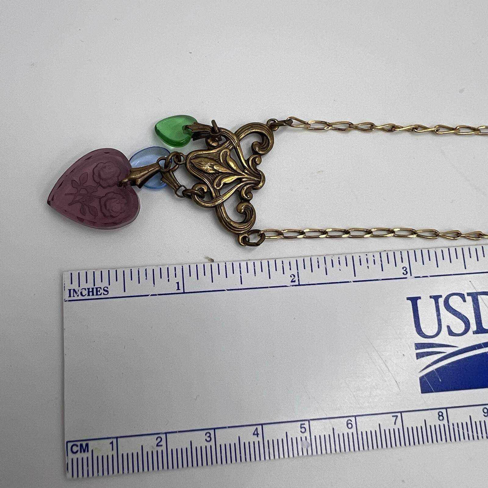 VTG GLASS WORKS STUDIO LTD Glass and Brass Heart CHARM NECKLACE Intaglio 24+”