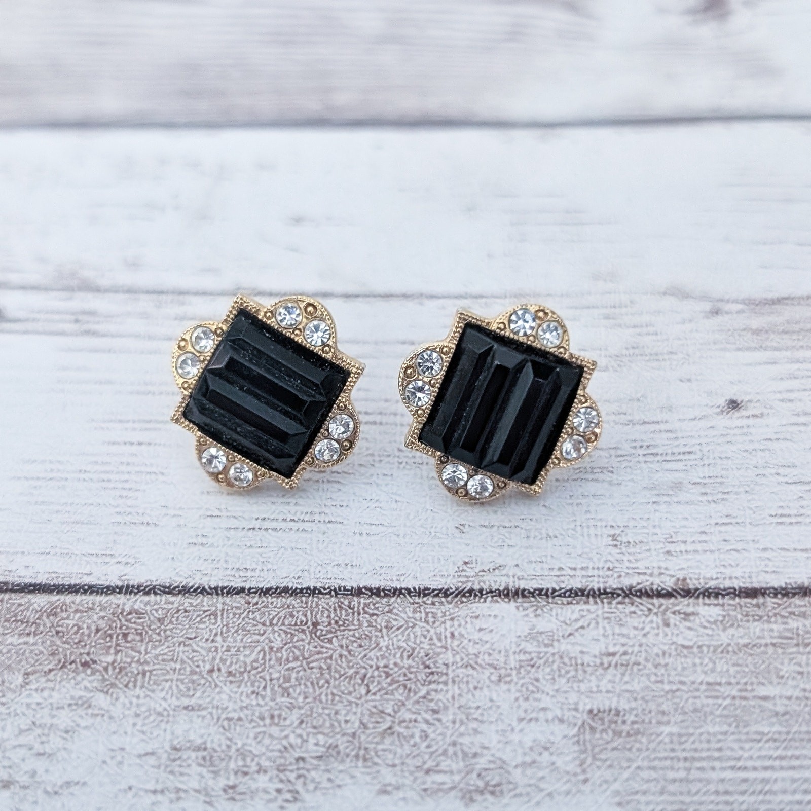Vintage Earrings for Pierced Ears Dainty Black, Clear Gem, Gold Tone