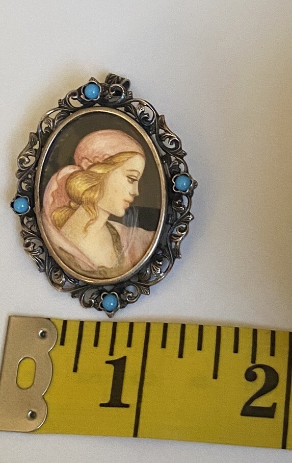 Vintage 800 Silver Filigree Blue Glass Hand Painted Portrait Brooch or Pendant