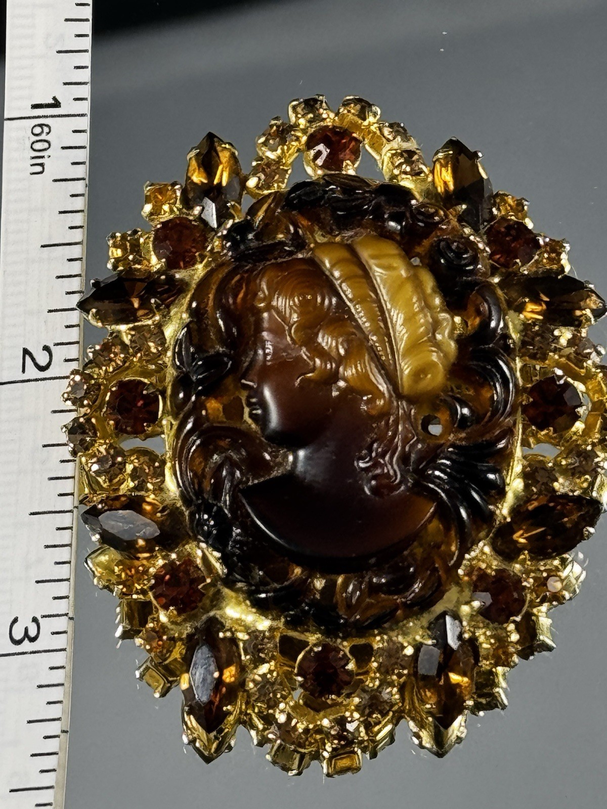 Vintage JULIANA CAMEO SET TORTOISE FAUX TOPAZ RHINESTONES BROWN WITH GOLD TONE