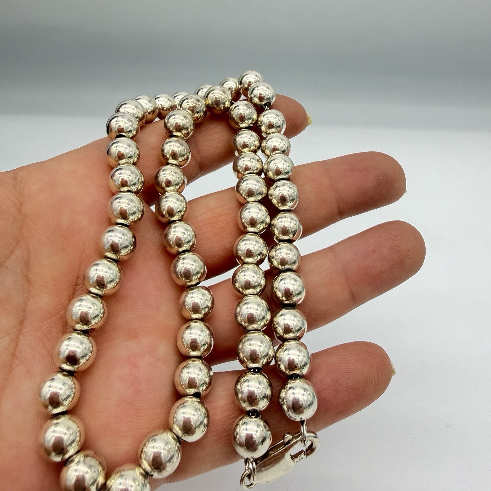 Vintage Sterling Silver Ball Bead Necklace 8.2mm Hallow Beads 17.5 “ 26.6 Gr