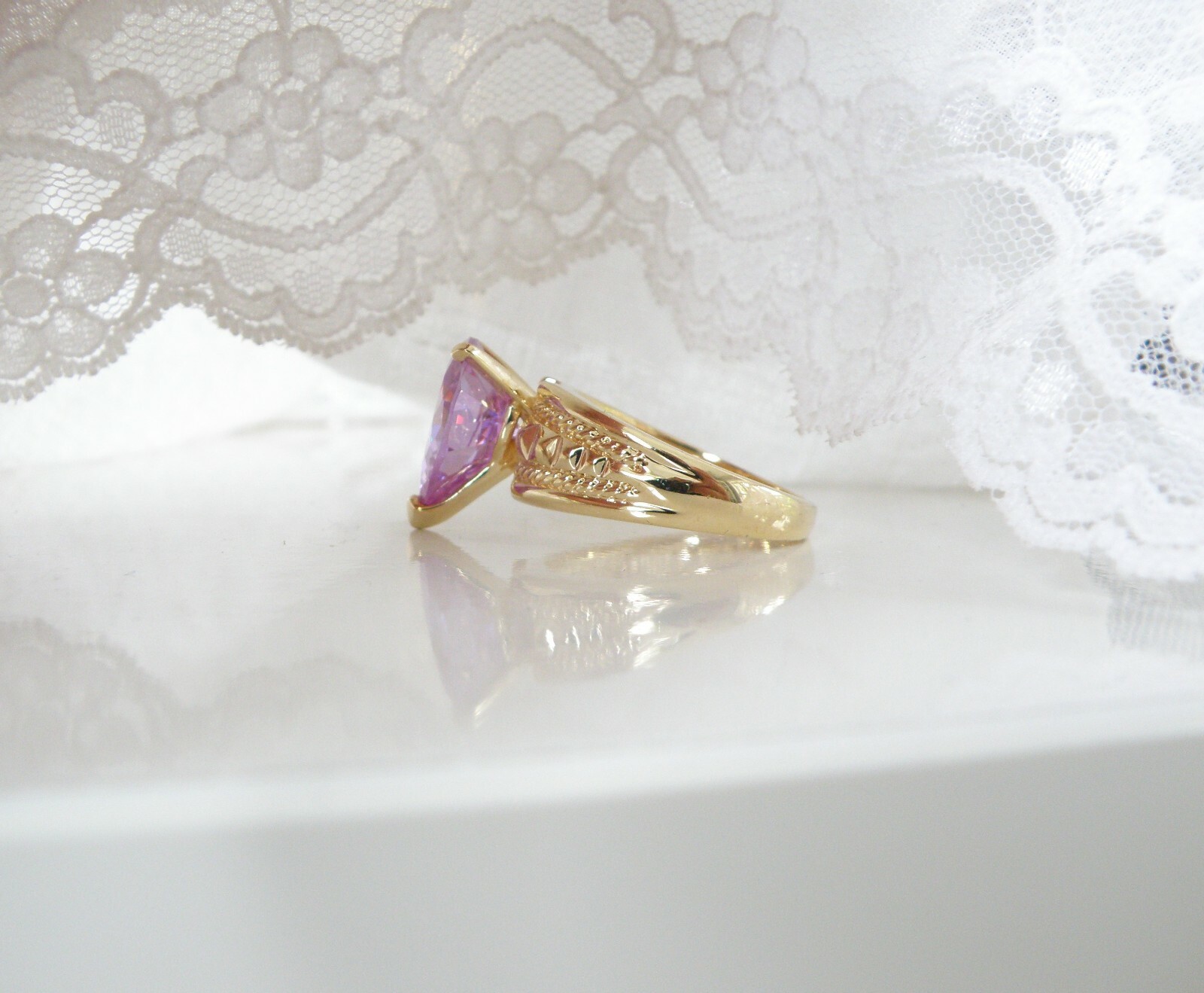 Vintage Sterling Silver 925 Gold on Pink Purple CZ Large Ring Size 10