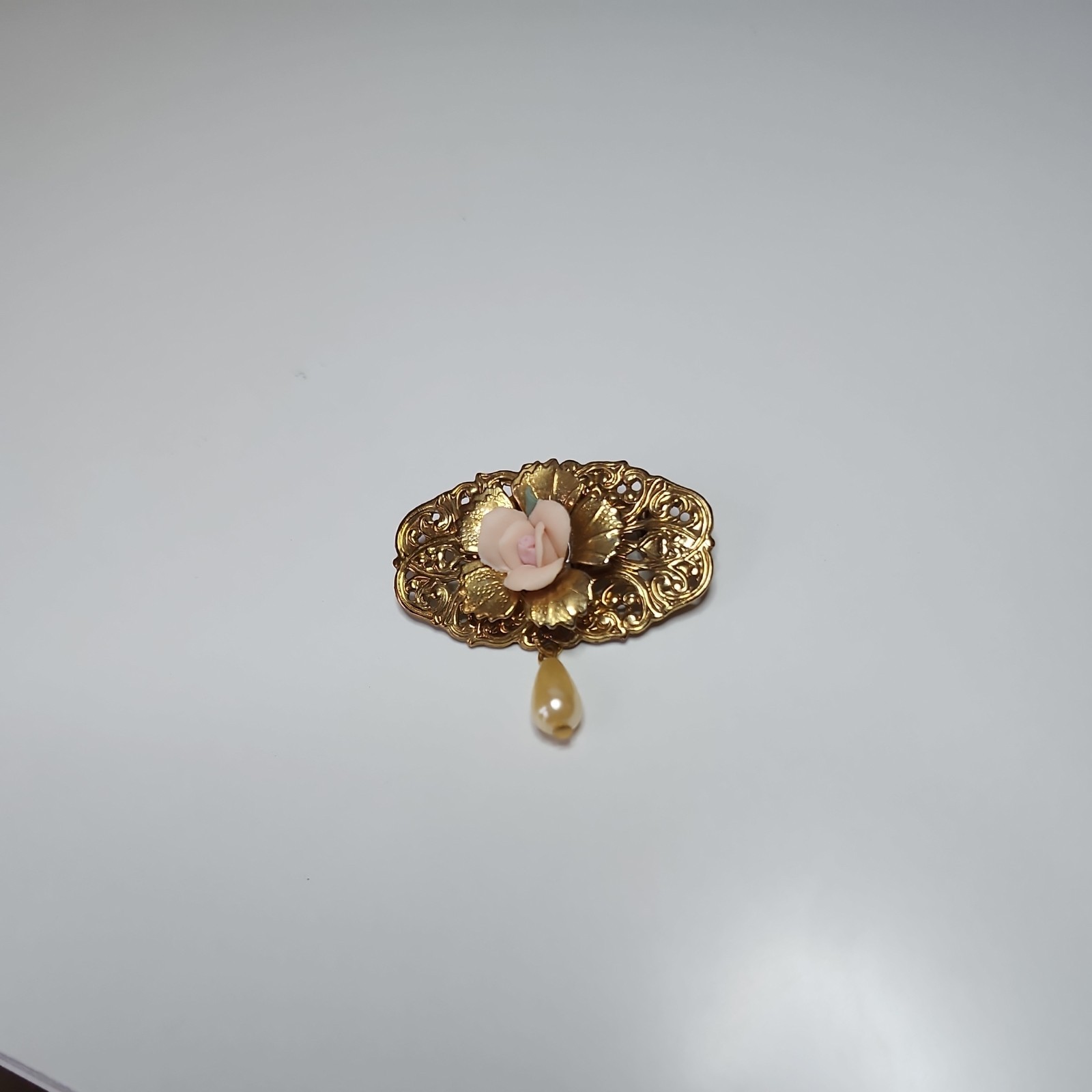 Vintage Brooch Gold Tone Floral Dangle Faux Pearl With Enameled Rose Filigree