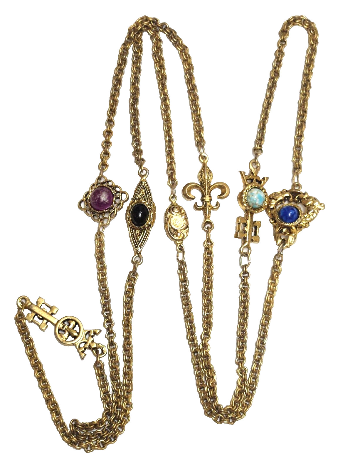 Vintage Unsigned Goldette Fluer de Lis, Faux Gemstone. Key Station Necklace 54″