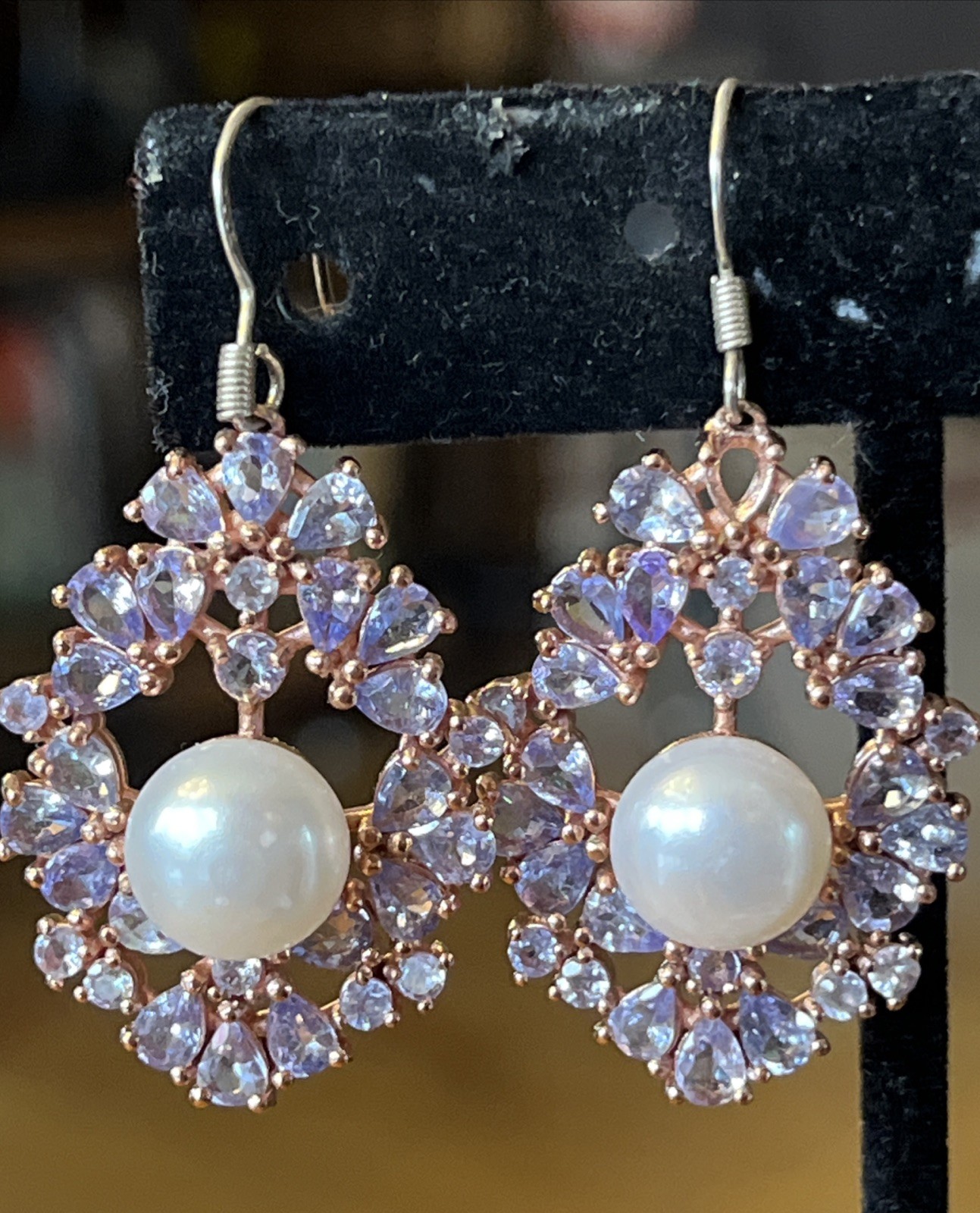 Vintage Tanzanite Real Pearl Dangle Drop Earrings 925 Wire Pierced 1.75” Classic
