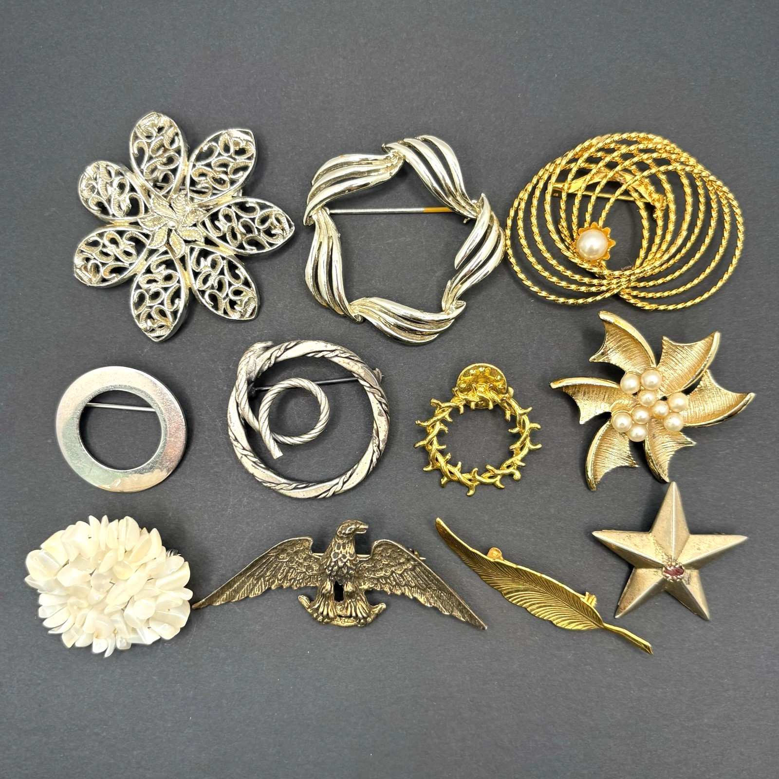 Vintage Lot of 11 Brooches Coro Unbranded Gold & Silver Tone Faux Pearl