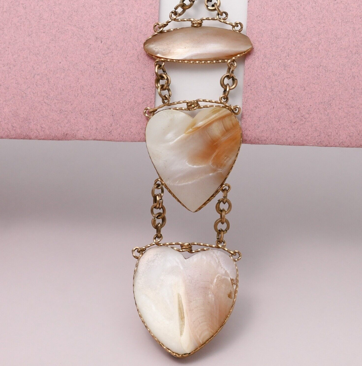 Antique Victorian LARGE 4″ Heart MOP Mother of Pearl Yellow Gold Filled Pendant