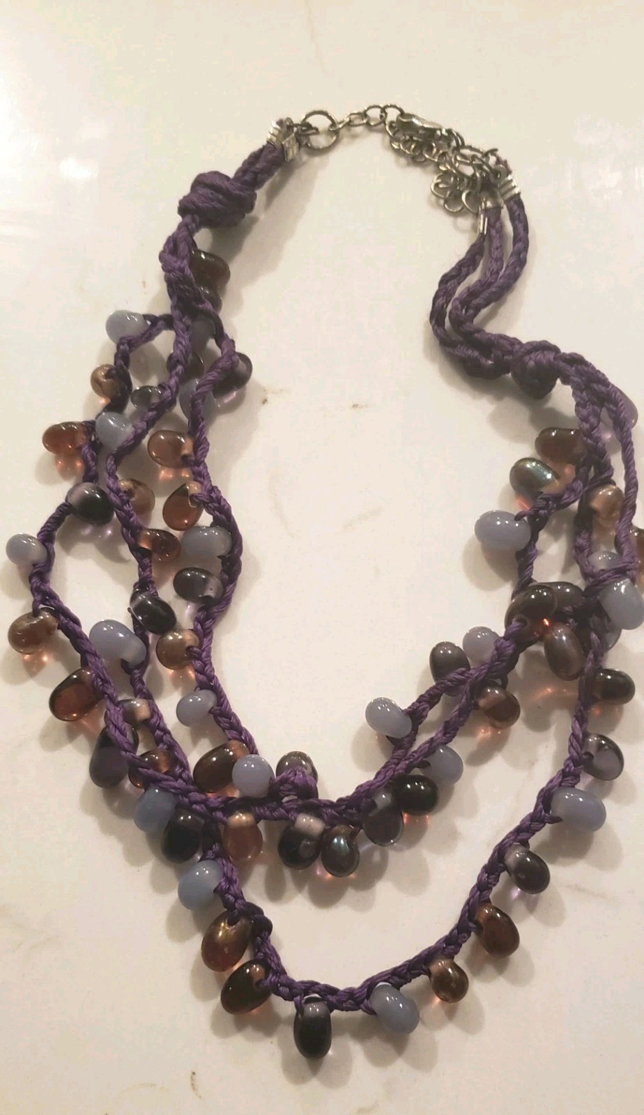 Vtg 3 Strand Multi Shade Purple Stones On A Braid Choker Necklace – 15-17″