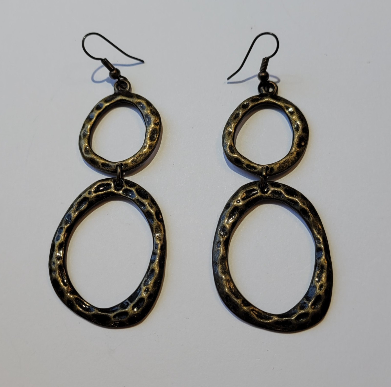 Antiqued Brass Hammered Texture Double Hoops Dangle Pierced Earrings Vintage