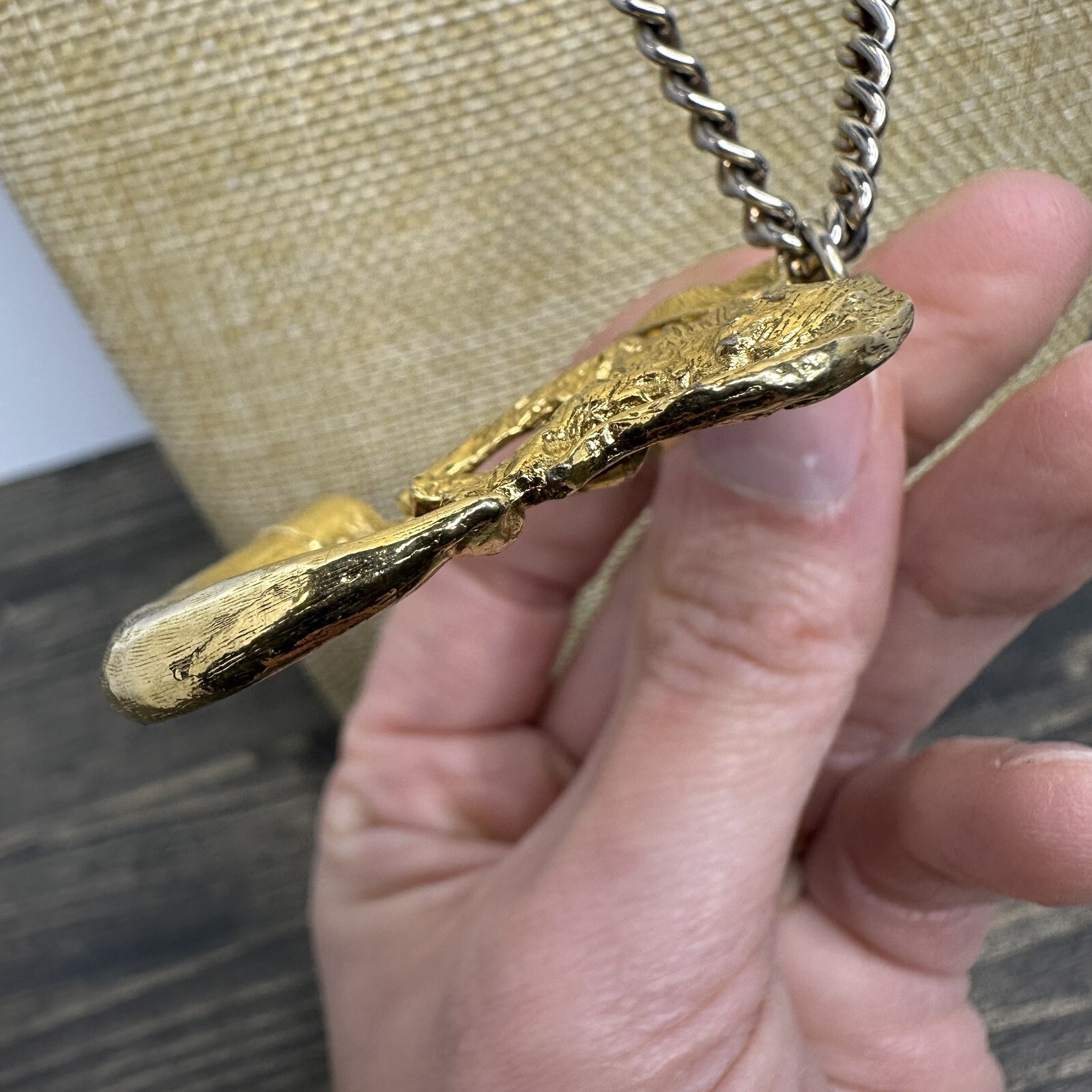 Vintage Elephant on Tusk Necklace Gold Tone Large Pendant Safari Estate Find