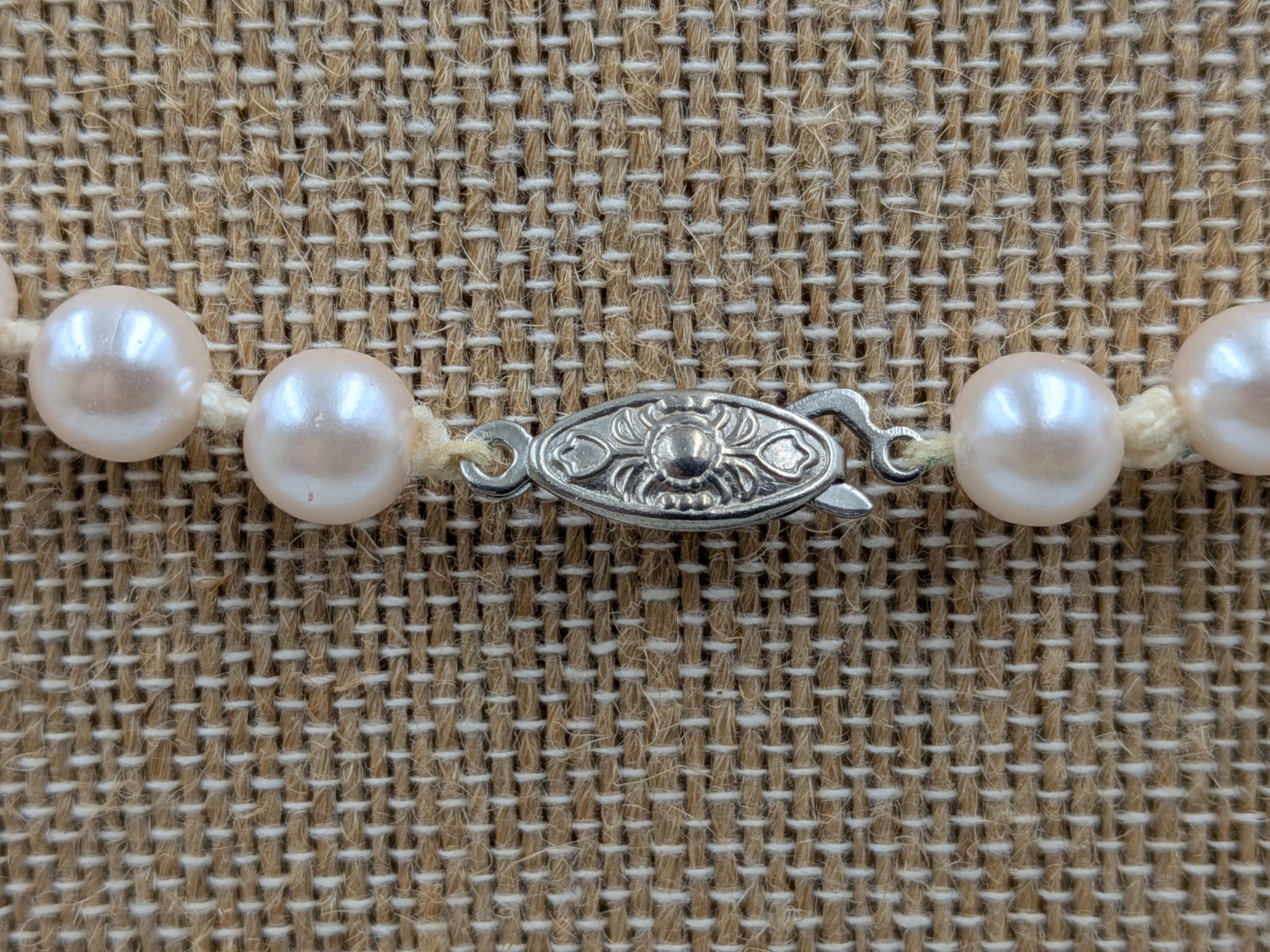 Vintage Faux Pearl Necklace Knotted with silver tone fish- hook clasp unbranded