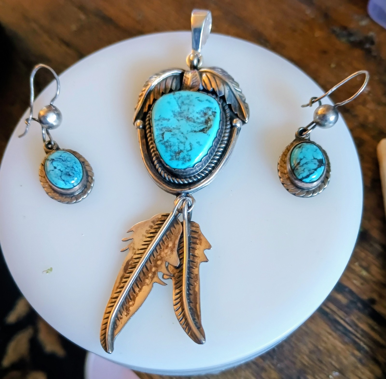 NAVAJO ELLA COWBOY TURQUOISE STERLING SILVER FEATHER NECKLACE EARRINGS 39.5 Gr