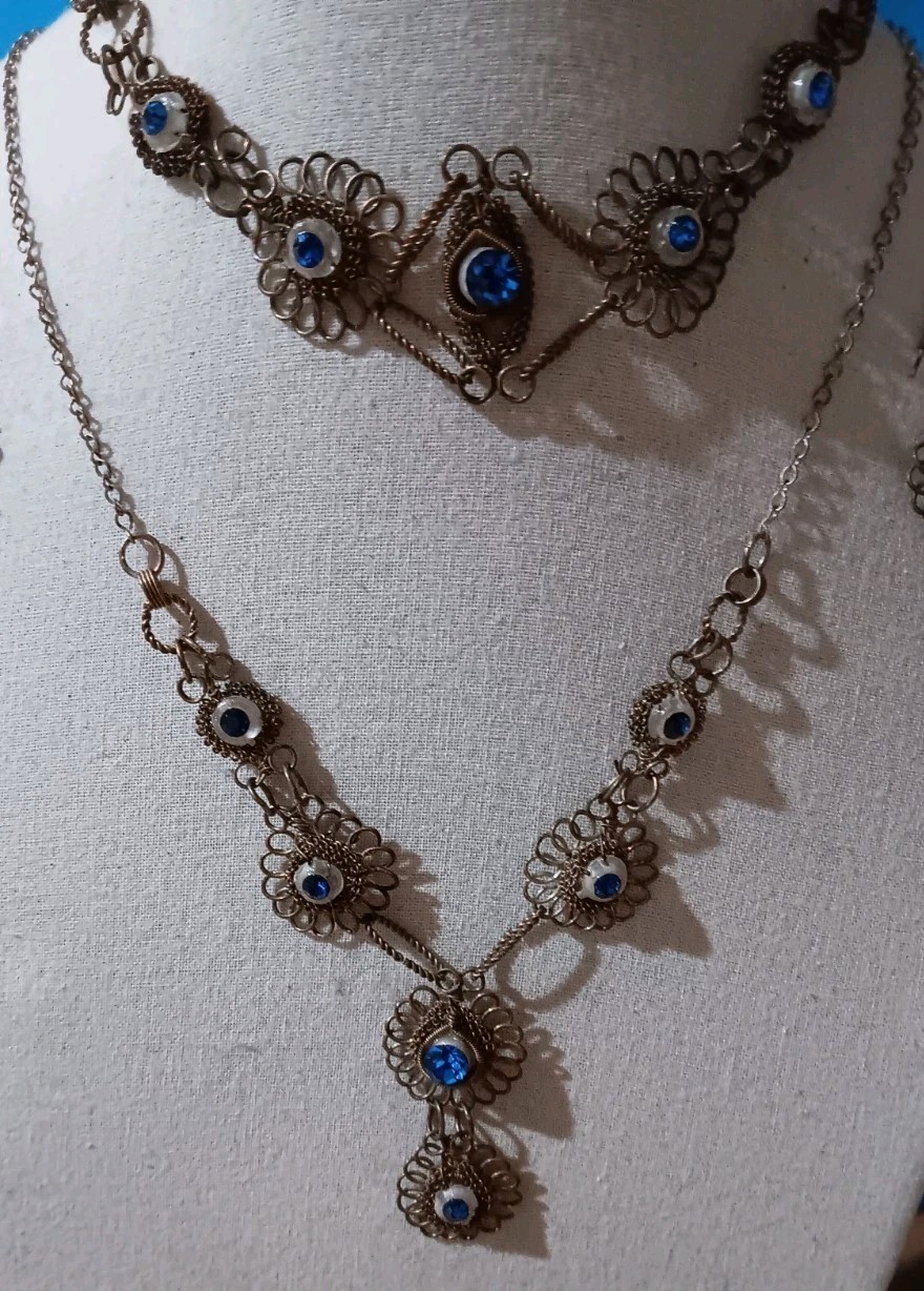 Antique Silesia Iron Wirework Glass Cannetille Set Necklace Bracelet Earrings