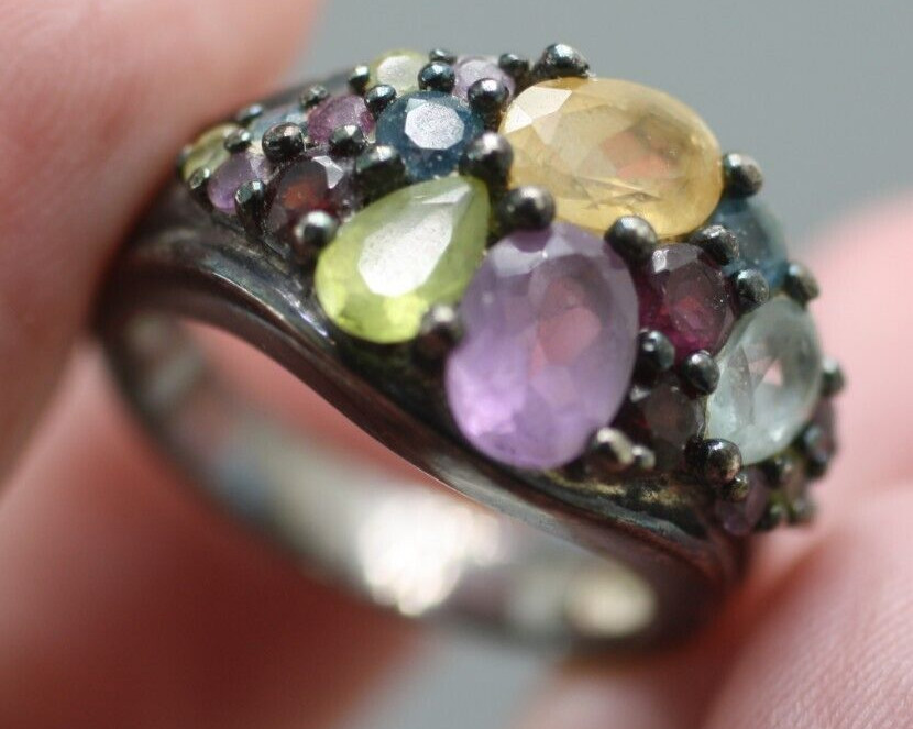 Sterling silver 925 multi color red purple blue multi gemstone ring band size 7