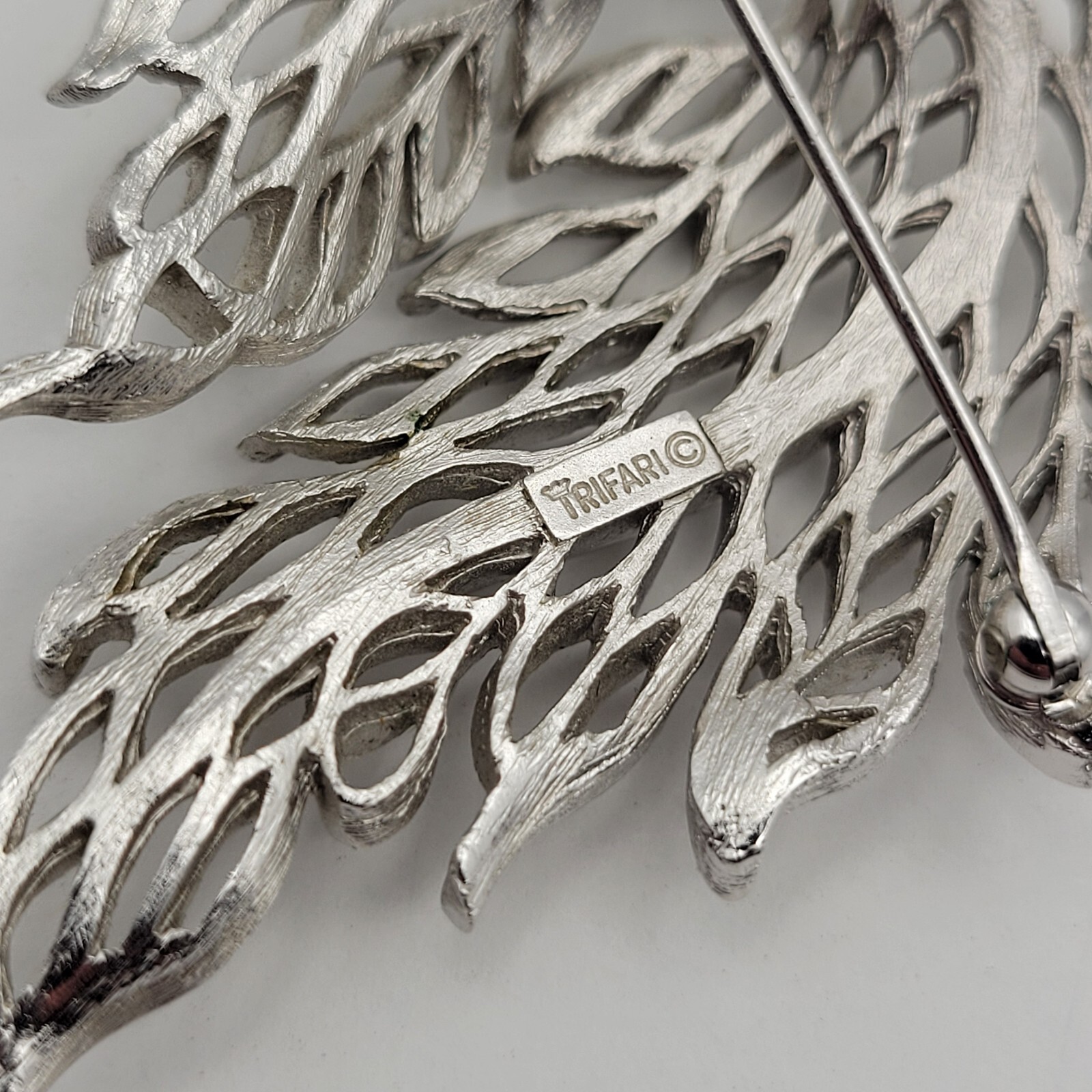Vintage Crown Trifari Brooch Silver Tone Nature Leaf Swag Matte Polished Signed