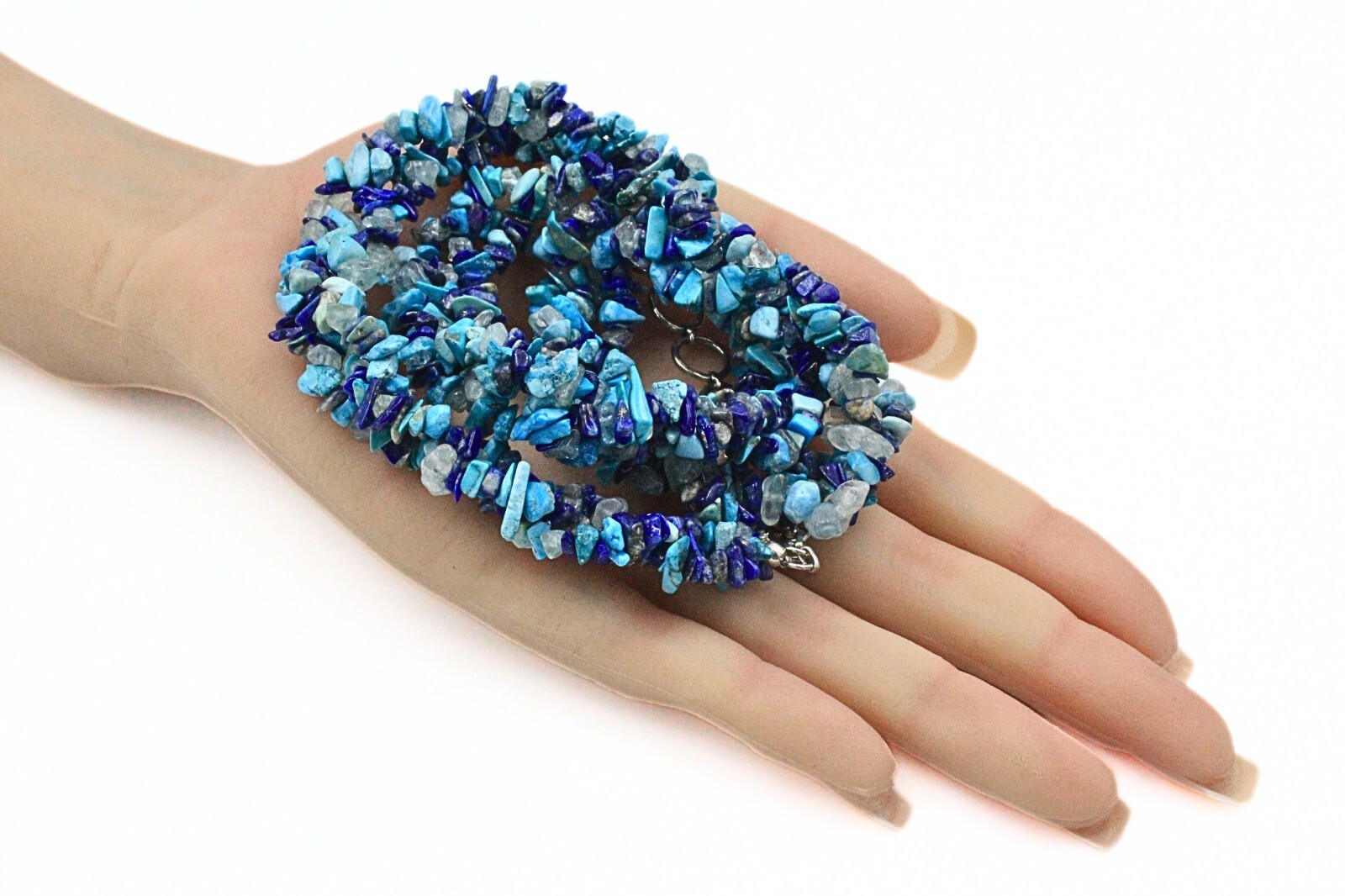 Stunning HSN Lapis Quartz Turquoise Nugget Beads Braided Rhodium Plate Necklace