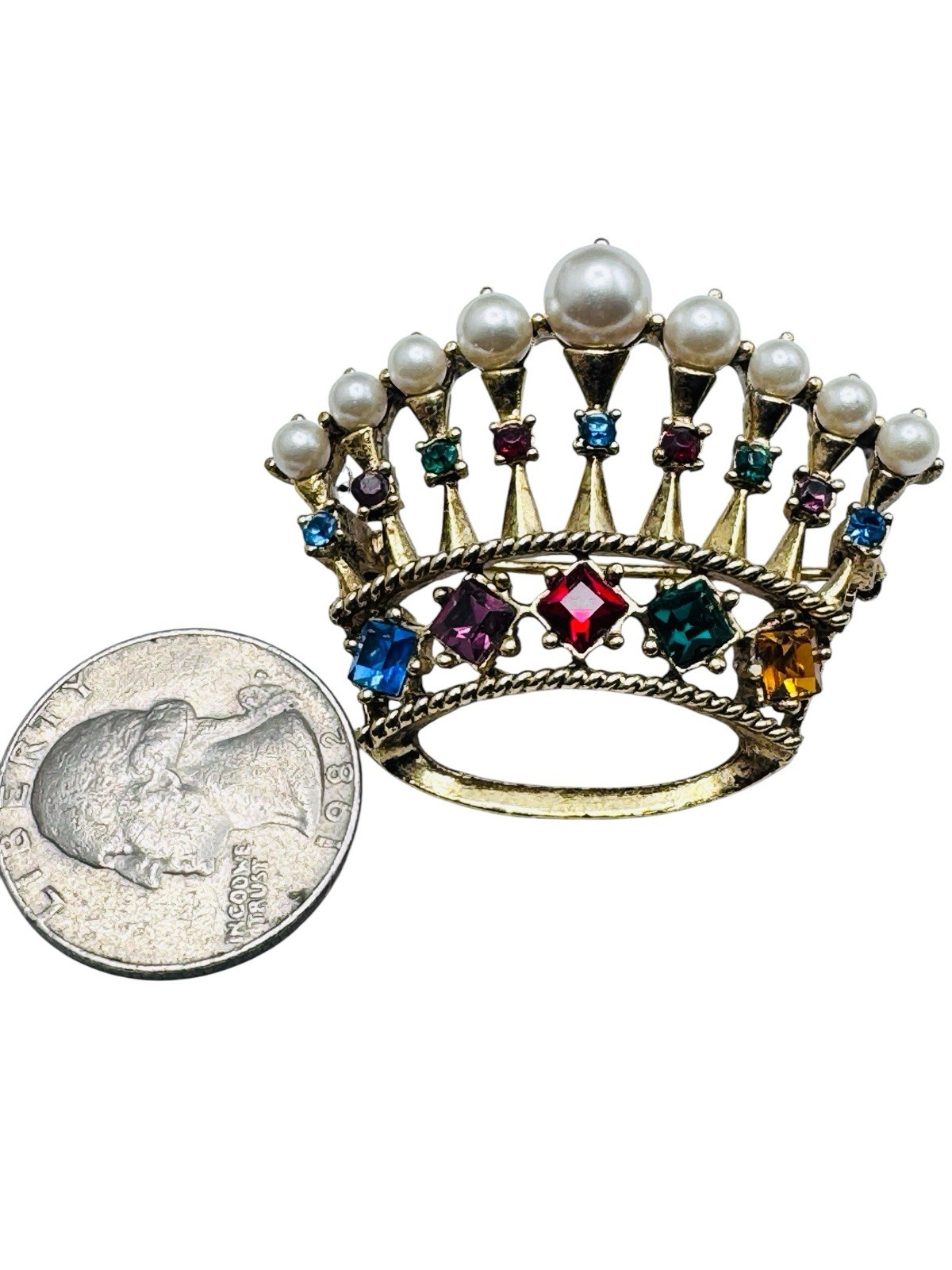 Vintage Rhinestone Pearl Crown Brooch Colored Glass Stones Gold Tone Nice