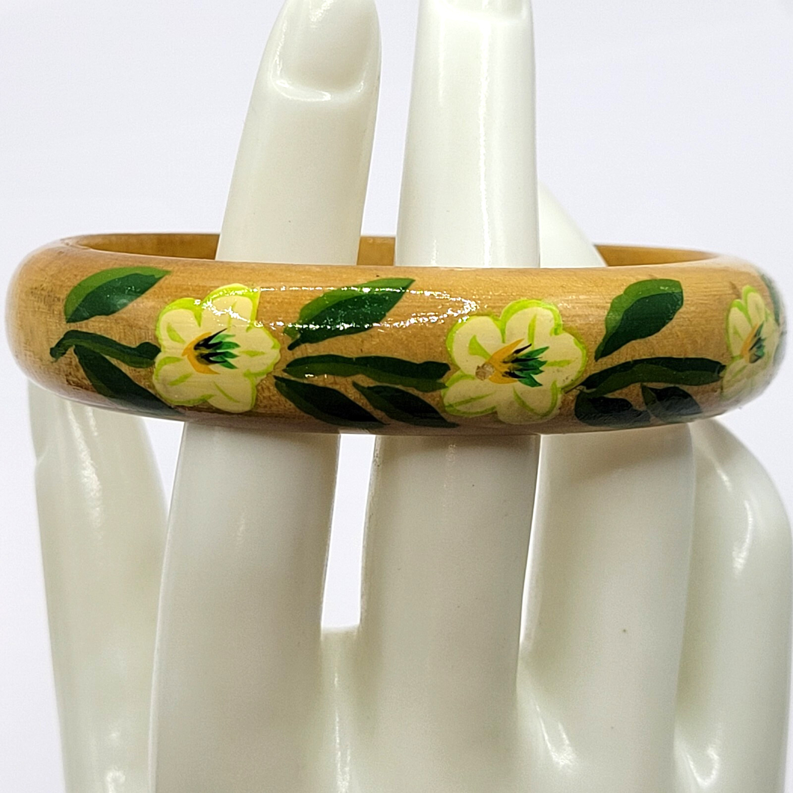 Wood Bangle Hand Painted Cream Flowers Green Leaves Lacquered Bangle Bracelet