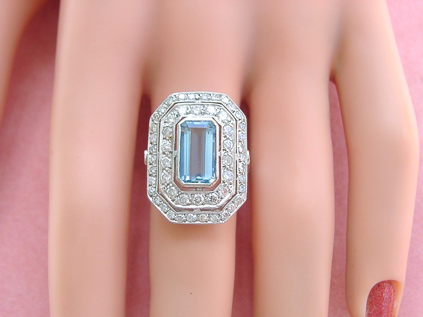 ESTATE DECO 1.55ct AQUAMARINE 1ctw OLD DIAMOND PLATINUM COCKTAIL RIGHT-HAND RING