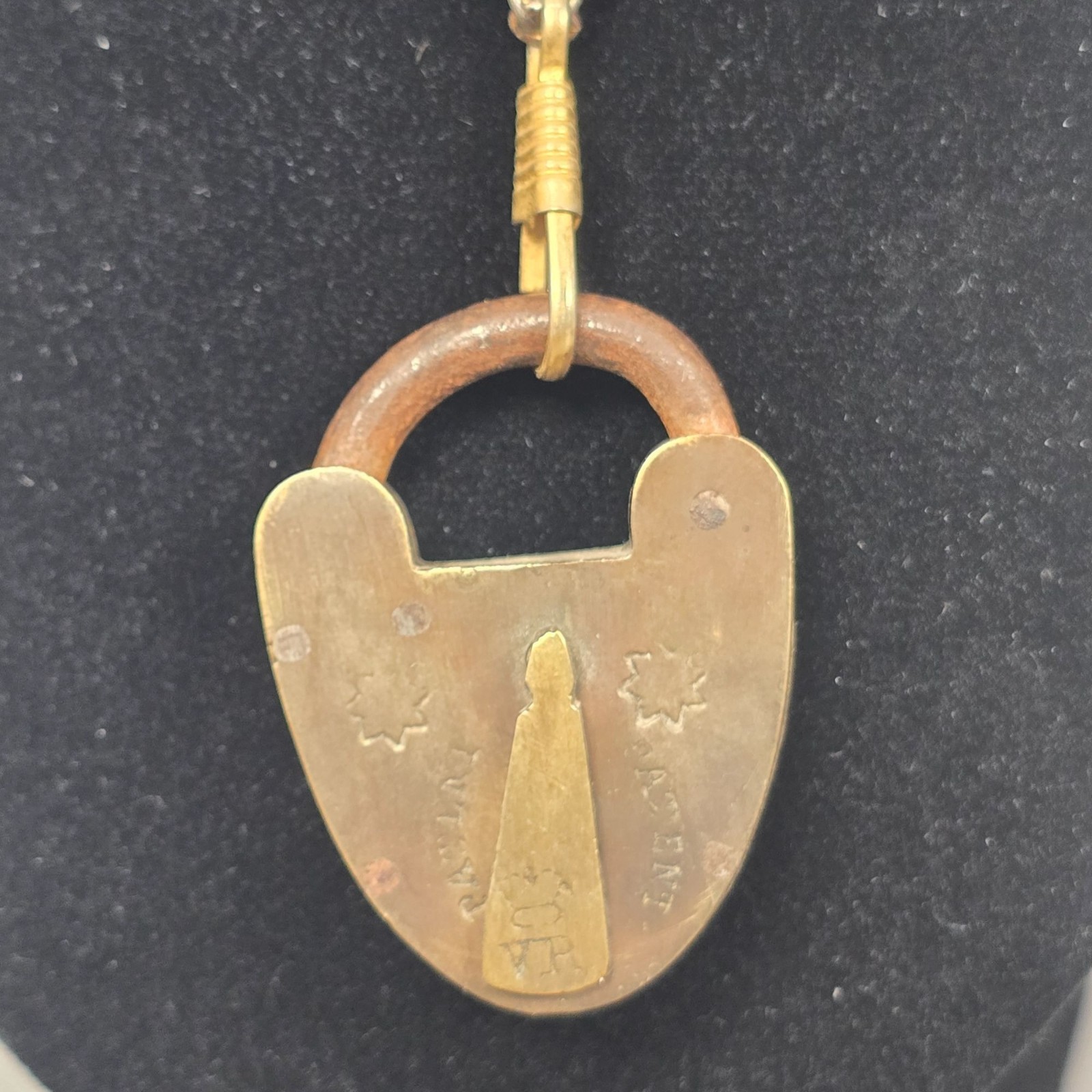 Vintage 19th Century Brass & Iron VR Crown Heart Padlock Pendant Chain Necklace