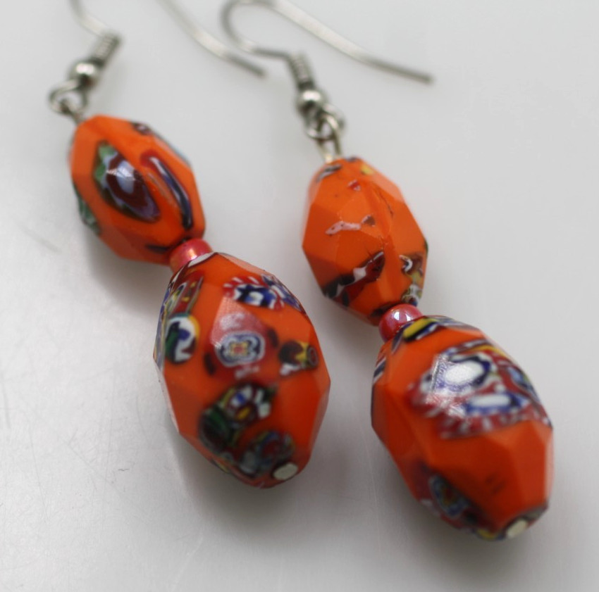 VTG orange faceted glass millefiori beaded hook dangle drop pierced earrings