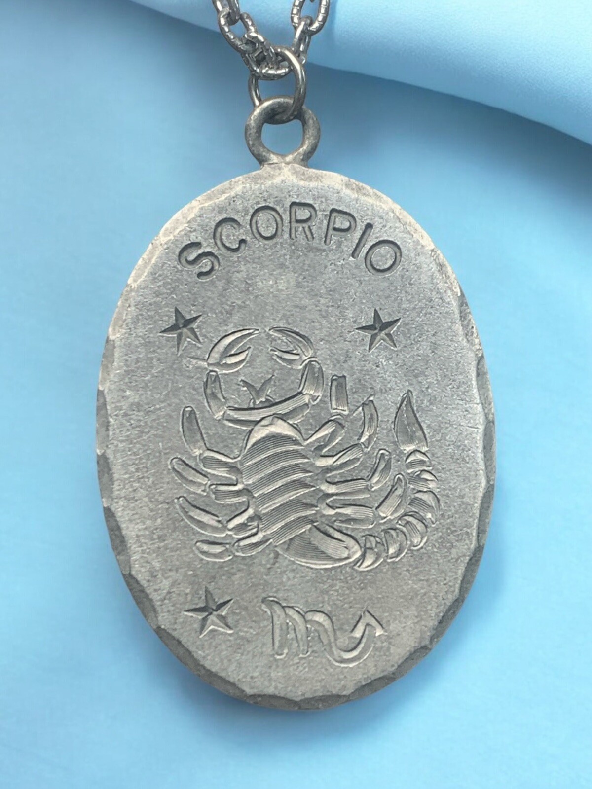 Vintage Pewter BDA Zodiac astrology Oval Scorpio Engraved Pendant Necklace 20”