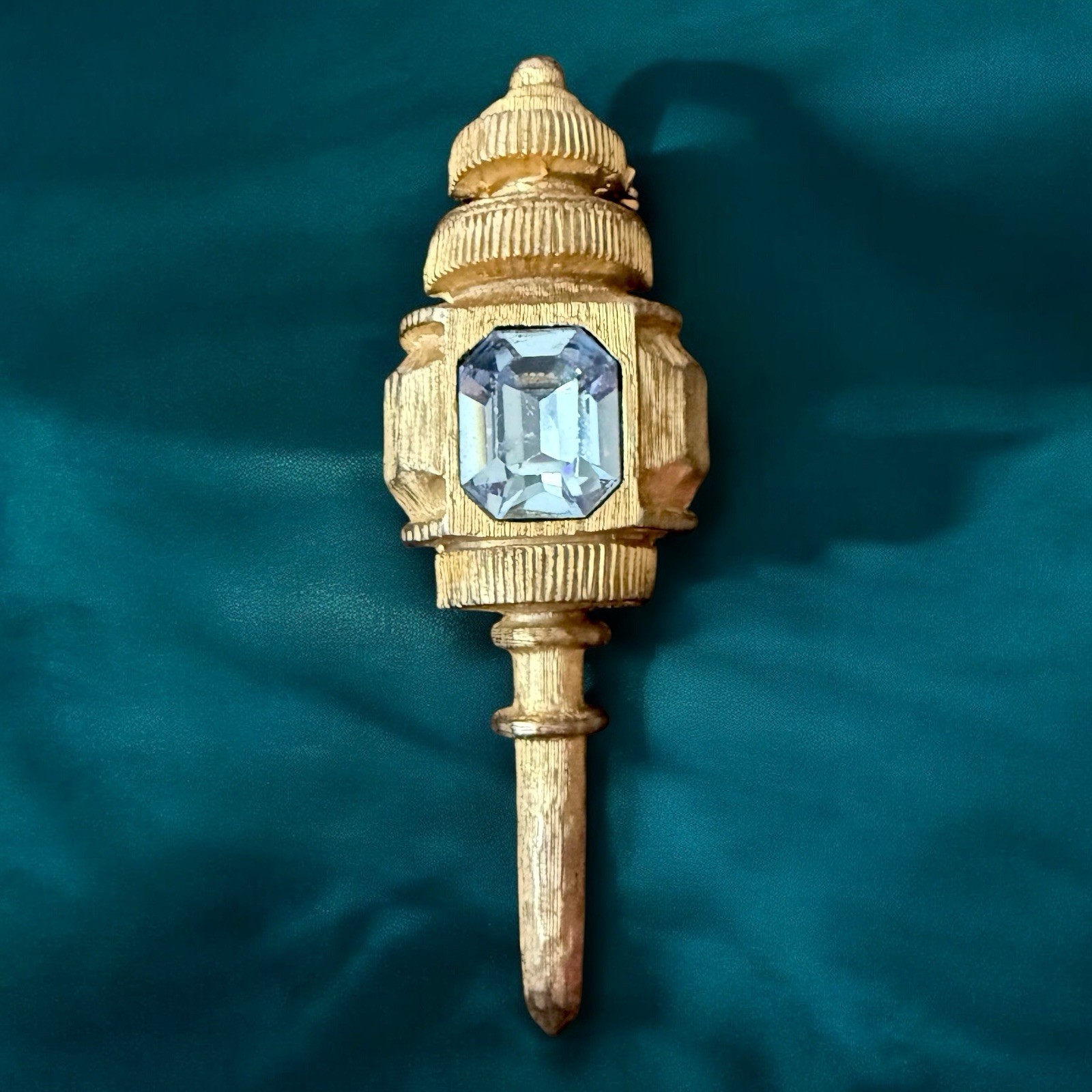 De Nicola Brooch Gold Tone Lamp Post Blue Rhinestone Signed Figural Pin