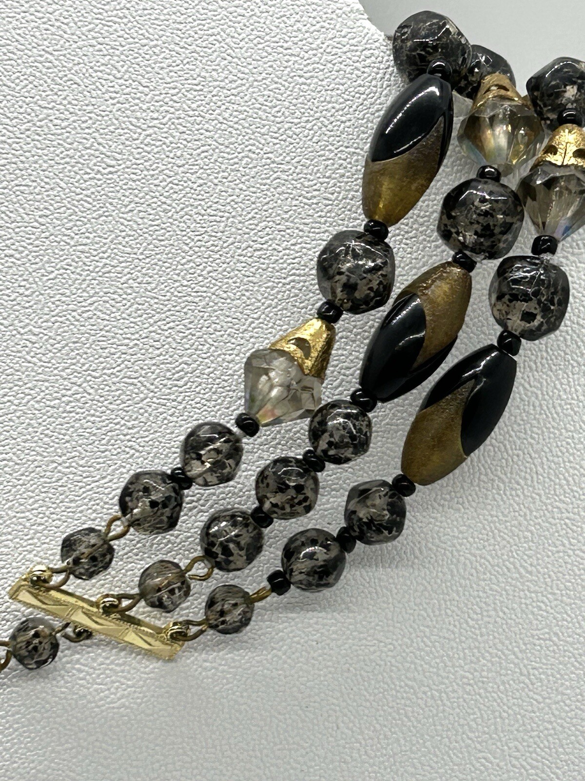 Vintage W.Germany 3 Strand Black And Gold Tone Beads Necklace Adjustable 15-17in