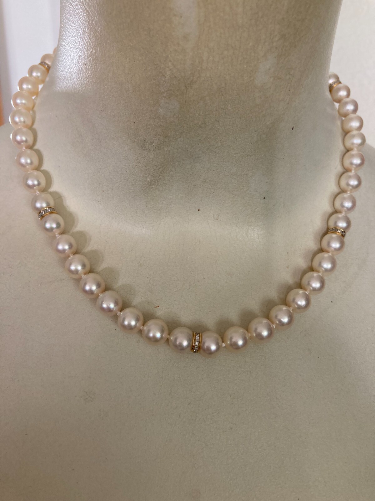 Vintage Diamond 14k Akoya Pearl Necklace 17.5”, 8-8.5mm