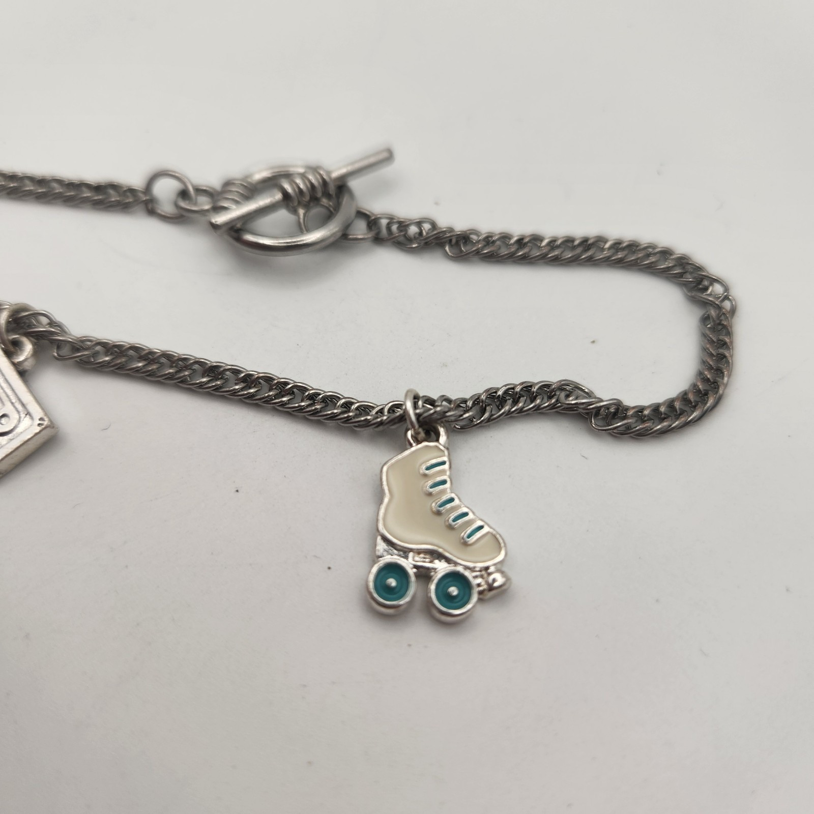 Vintage Silvertone Charm Bracelet Toggle Closure 8.5″ Retro Skate Cassette Tape