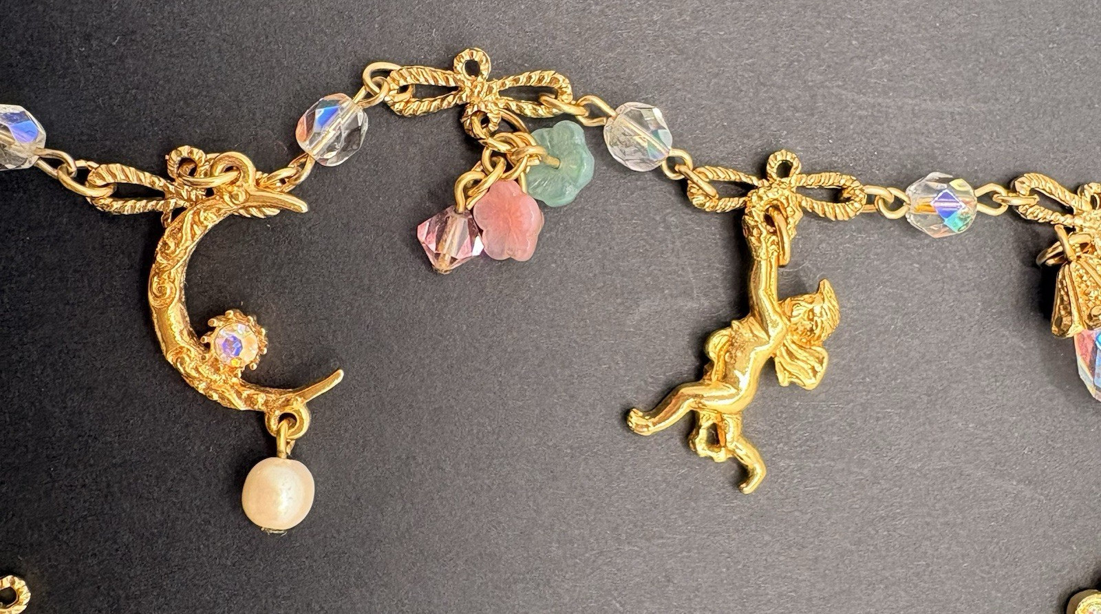 Kirks Folly Charm Necklace Angels Rings Hearts Frog Cat Alligator Crystals RARE