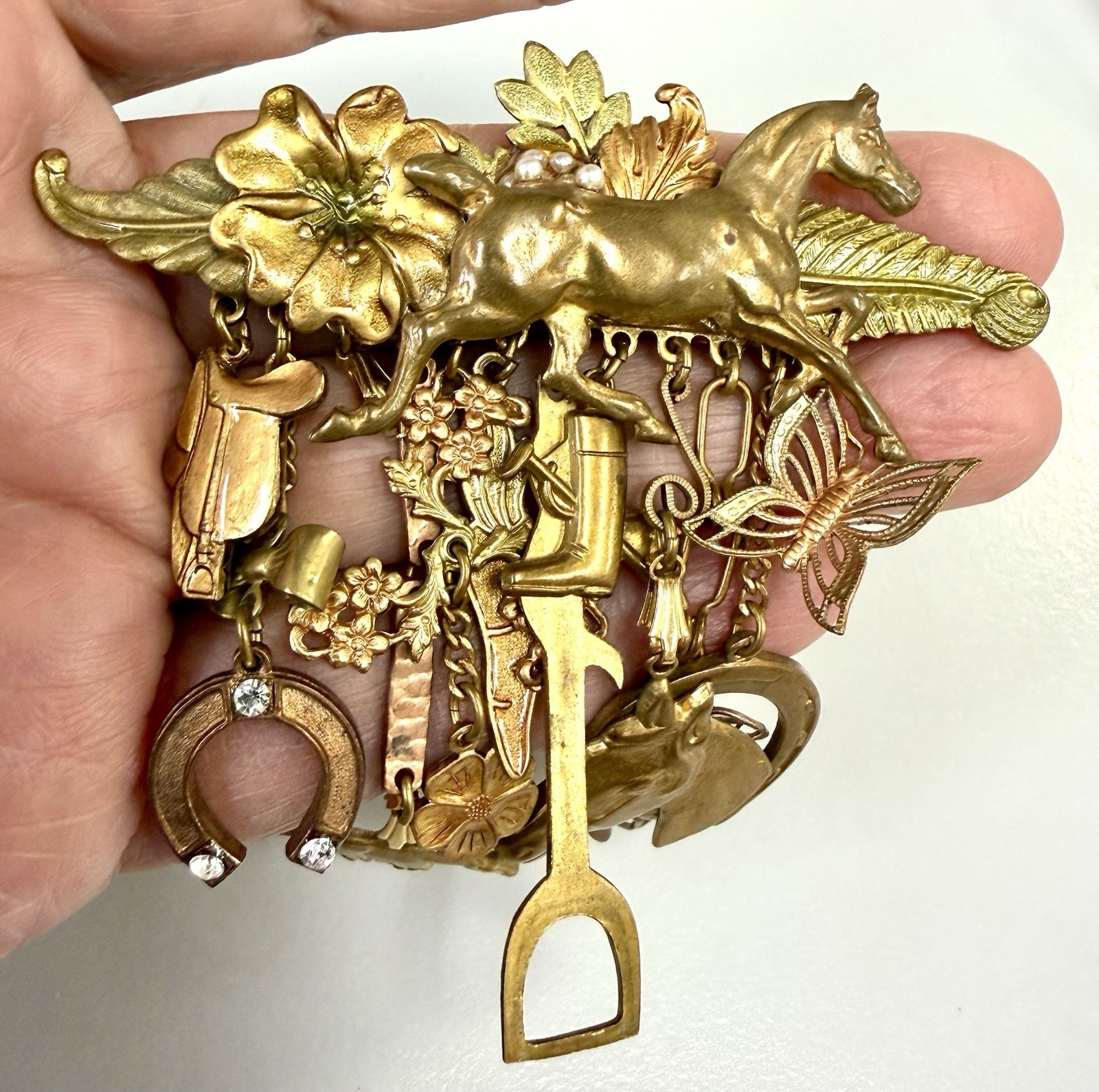 Vintage Equestrian Horse Charm Dangle Brooch Running Horse Horseshoe Stirrup