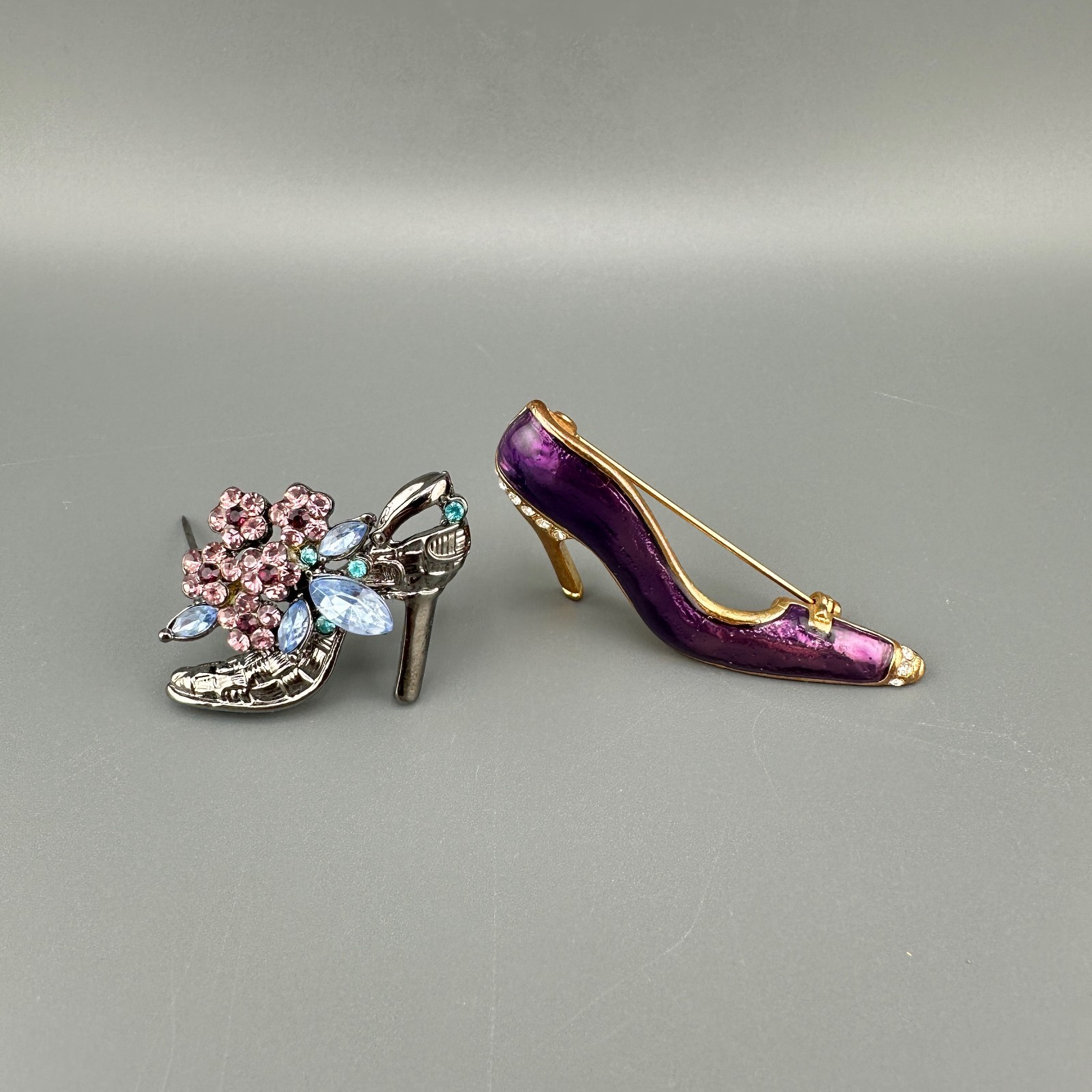 Vintage Shoe Brooch Lot Rhinestone Enamel High Heel Purple Blue Silver Gold Tone