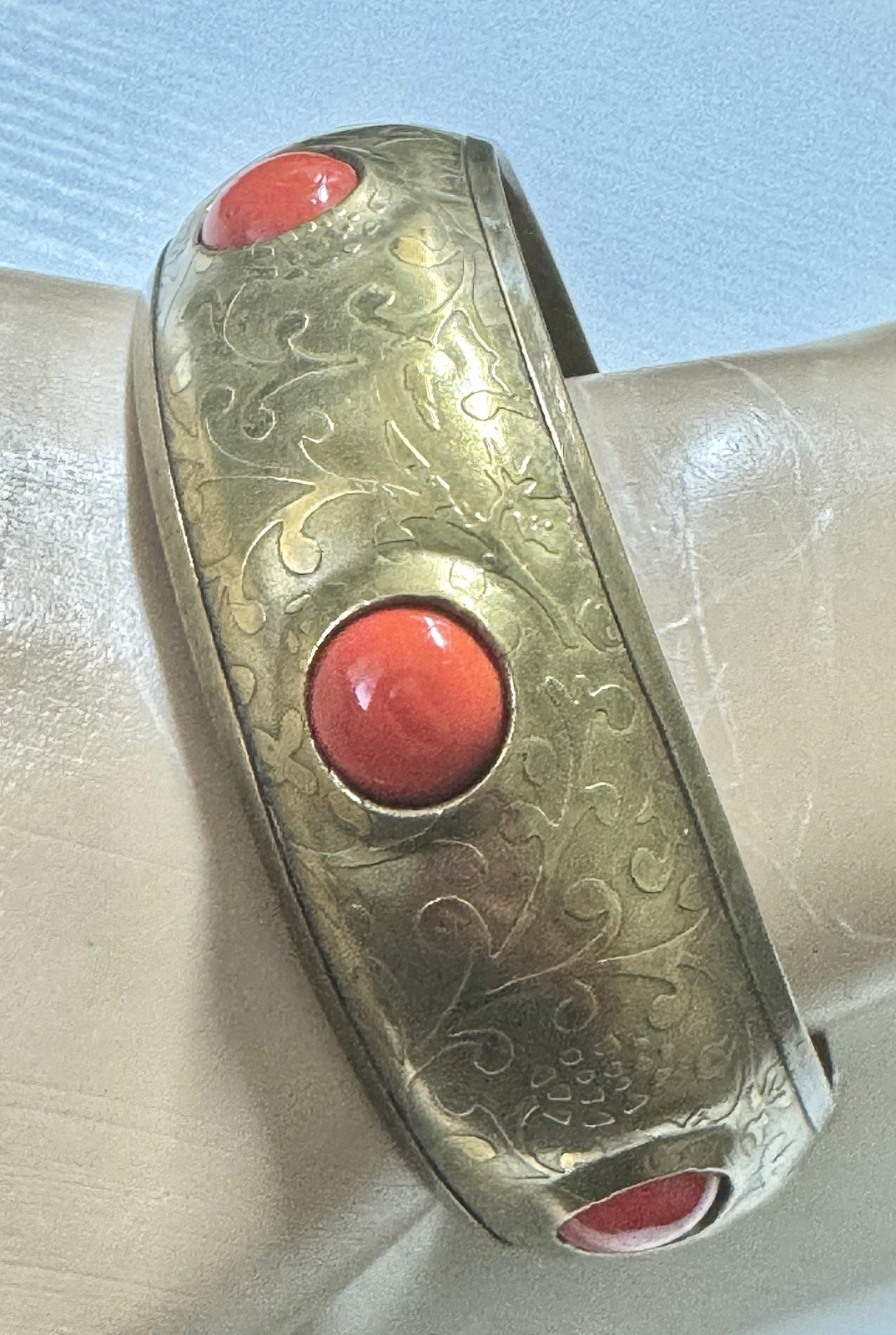 Vintage, Engraved Floral Patterns, Inlaid Red Cabochon Stones, Boho Brass Bangl