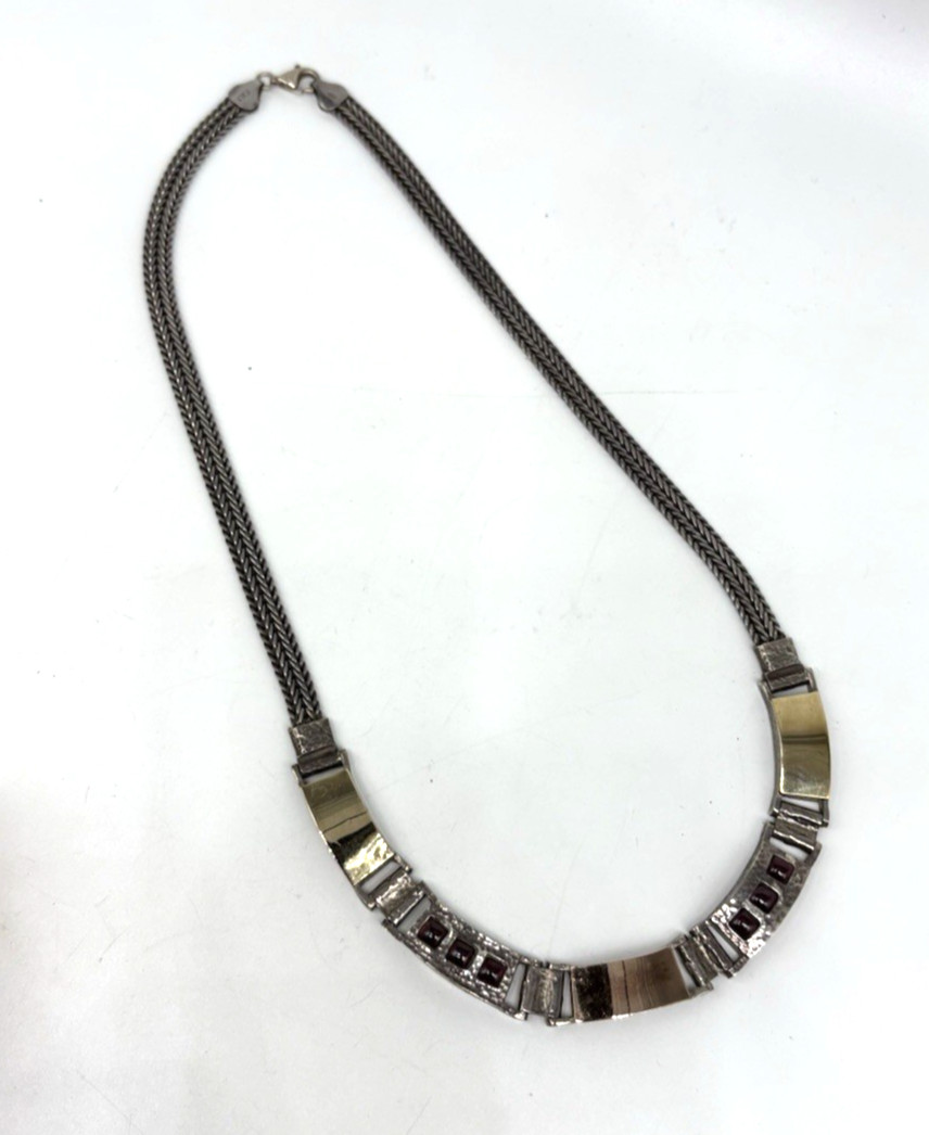 Italy Necklace Modernist Garnets Red Mesh Chain Sterling Silver Gold Plate Heavy