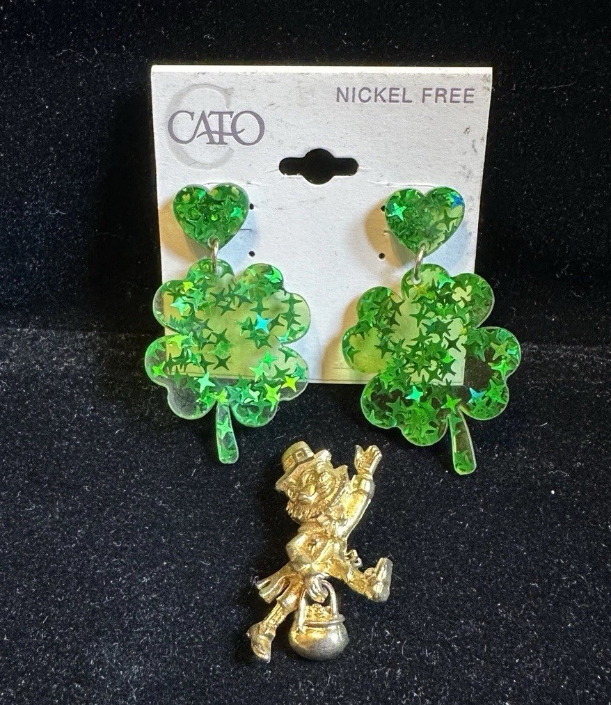 Vintage Holiday 1980’s Golden Leprechaun Pin& New Sparky Green Clover Earrings