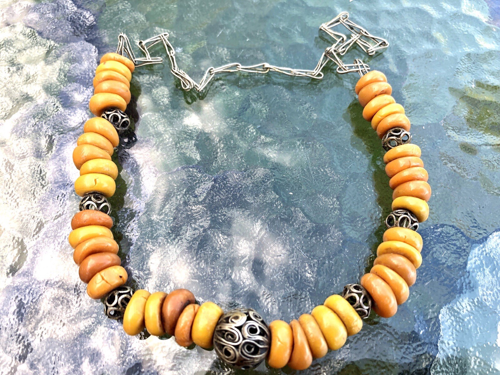 Antique Ethnic Butterscotch Egg Yolk Flat Nugget Scroll Bead Necklace Morocco