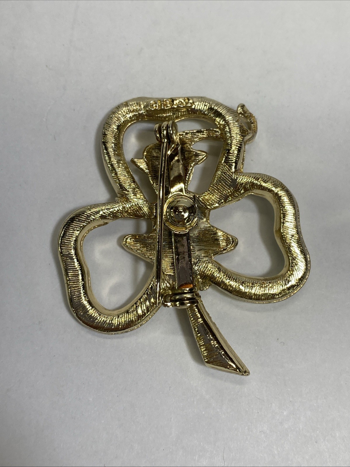 Signed BJ Leprechaun Shamrock Brooch Pin With Emerald Green Rhinestone Eyes