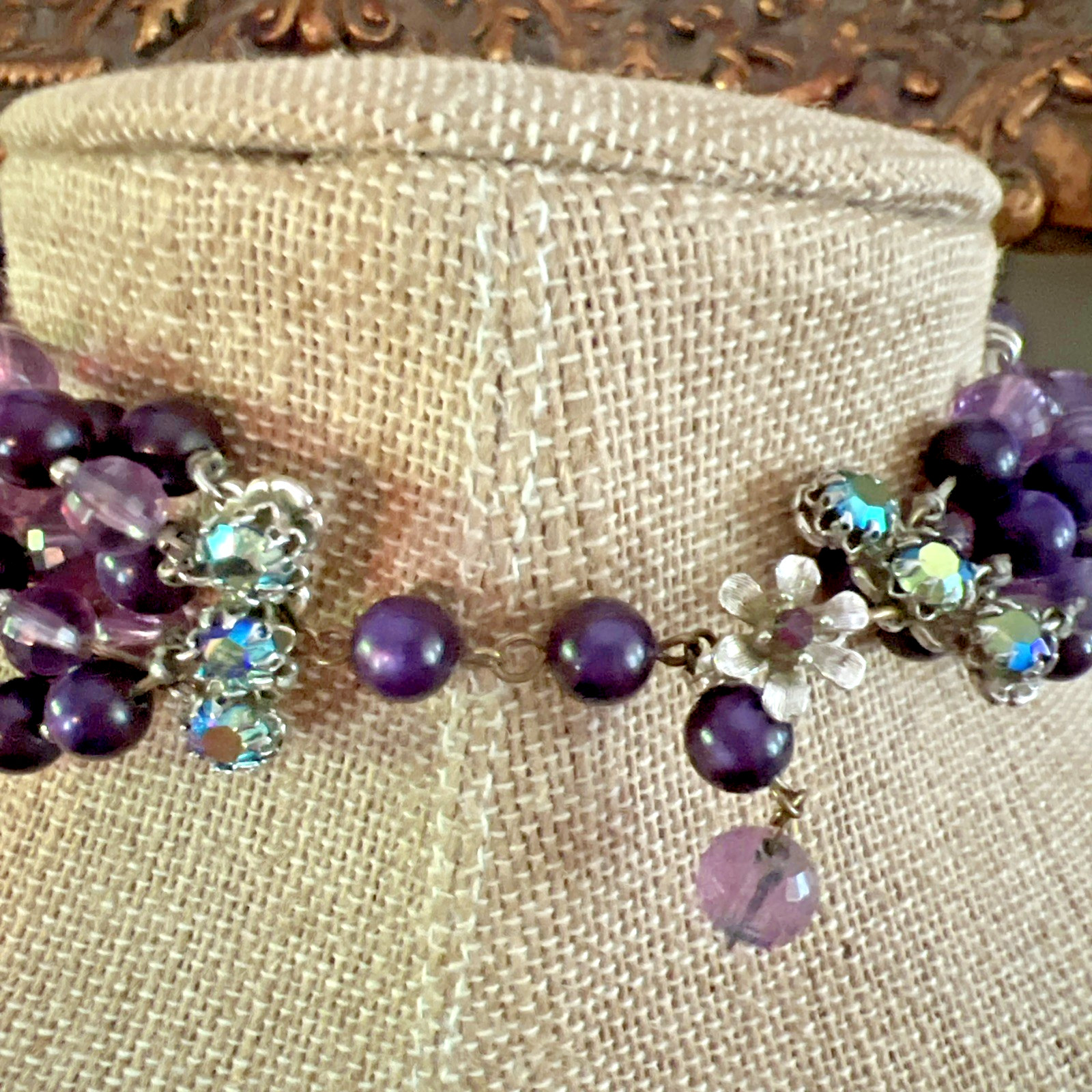 Vintage SIGNED DEMARIO AMETHYST & SILVER BEAD NECKLACE & EARRING SET / 6 STRAND