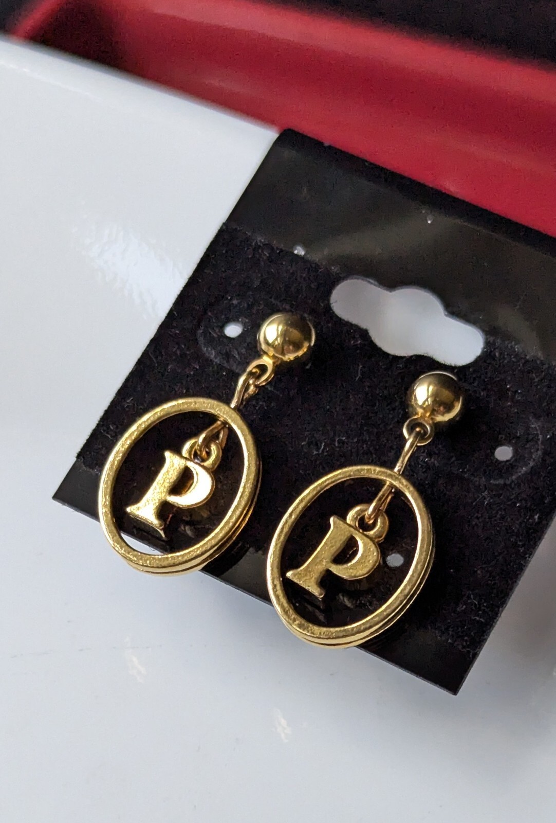 Vintage Pair GOLD Tone POST Stud DANGLE Monogram Letter P Initial 1″ EARRINGS