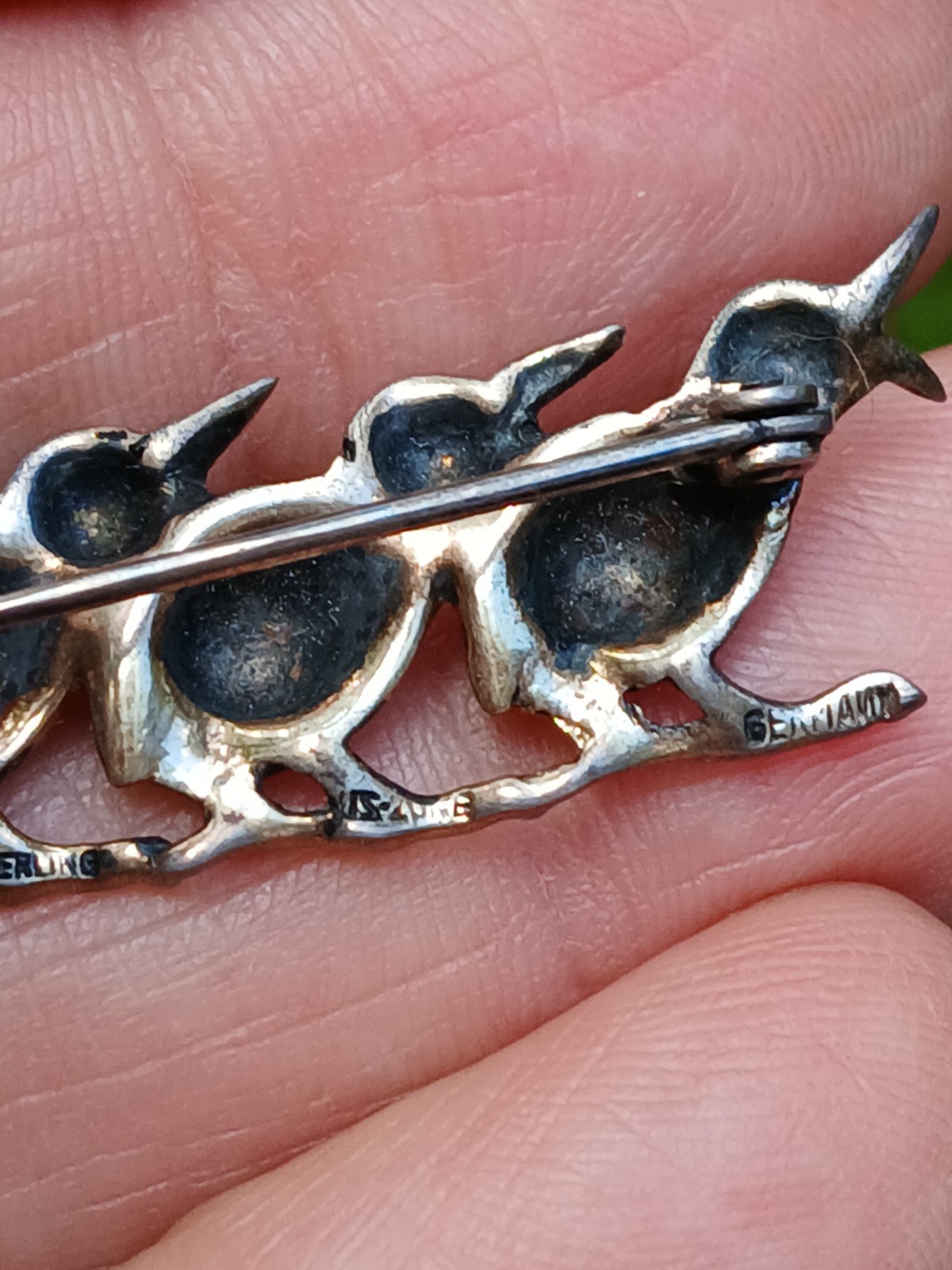 Nice Sterling Silver Enamel Marcasite 3 Birds Branch Brooch/Pin Germany US Zone
