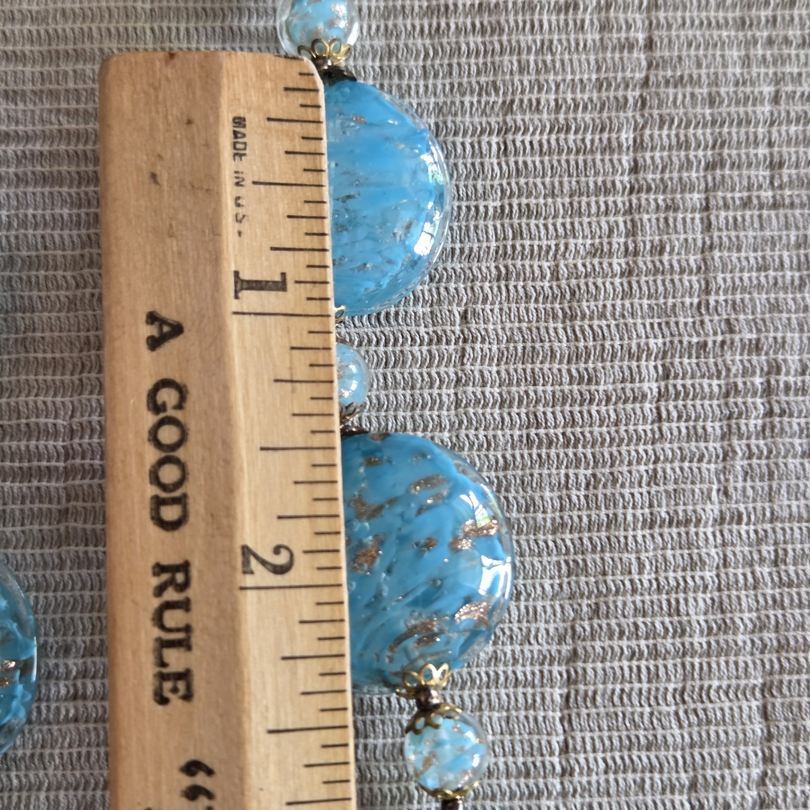 Vtg Light Blue Gold Foiled Venetian Art Glass Necklace & Clip-On Earrings Italy