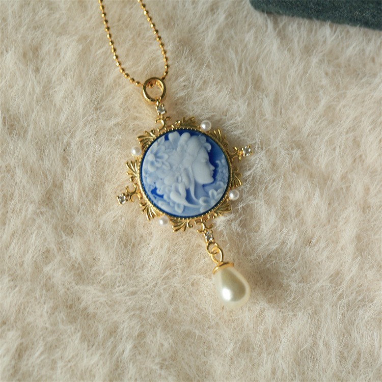 vintage Cameo pendant blue agate 925 silver anniversary gift antique jewelry