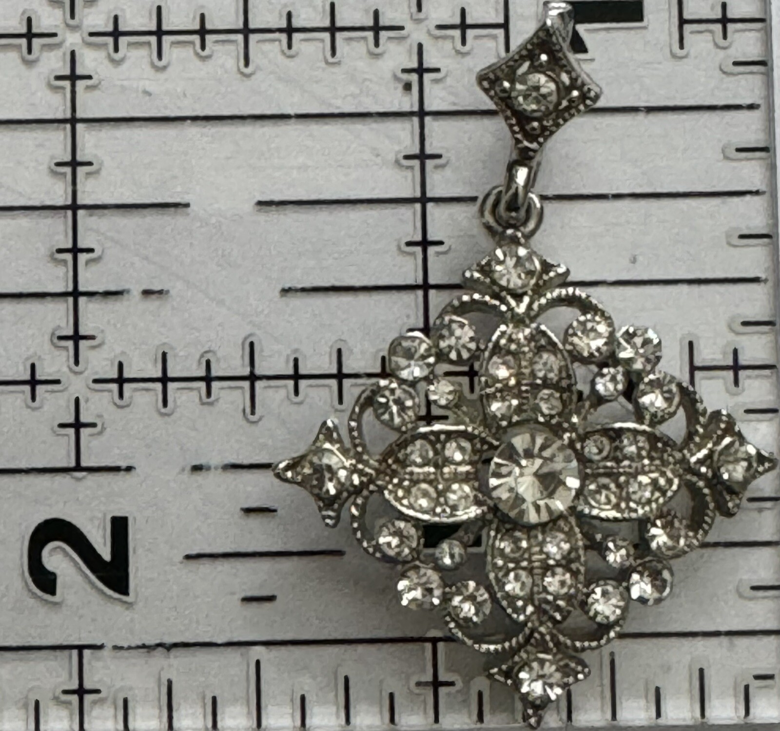 Diamond-Shape Pendant Art Deco Clear Rhinestones Silver Rhodium Plated 2” x 1.5”