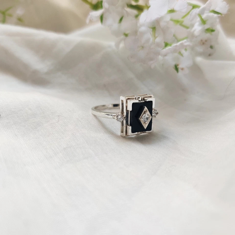 Antique Art Deco Vintage Black Onyx & Lab-Created Diamond Gift Ring 925 Silver