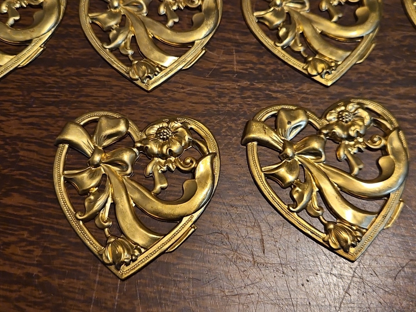 Lot Of 10 Hearts W Flower France Vintage 60s Brass Stampings Findings Jewelry