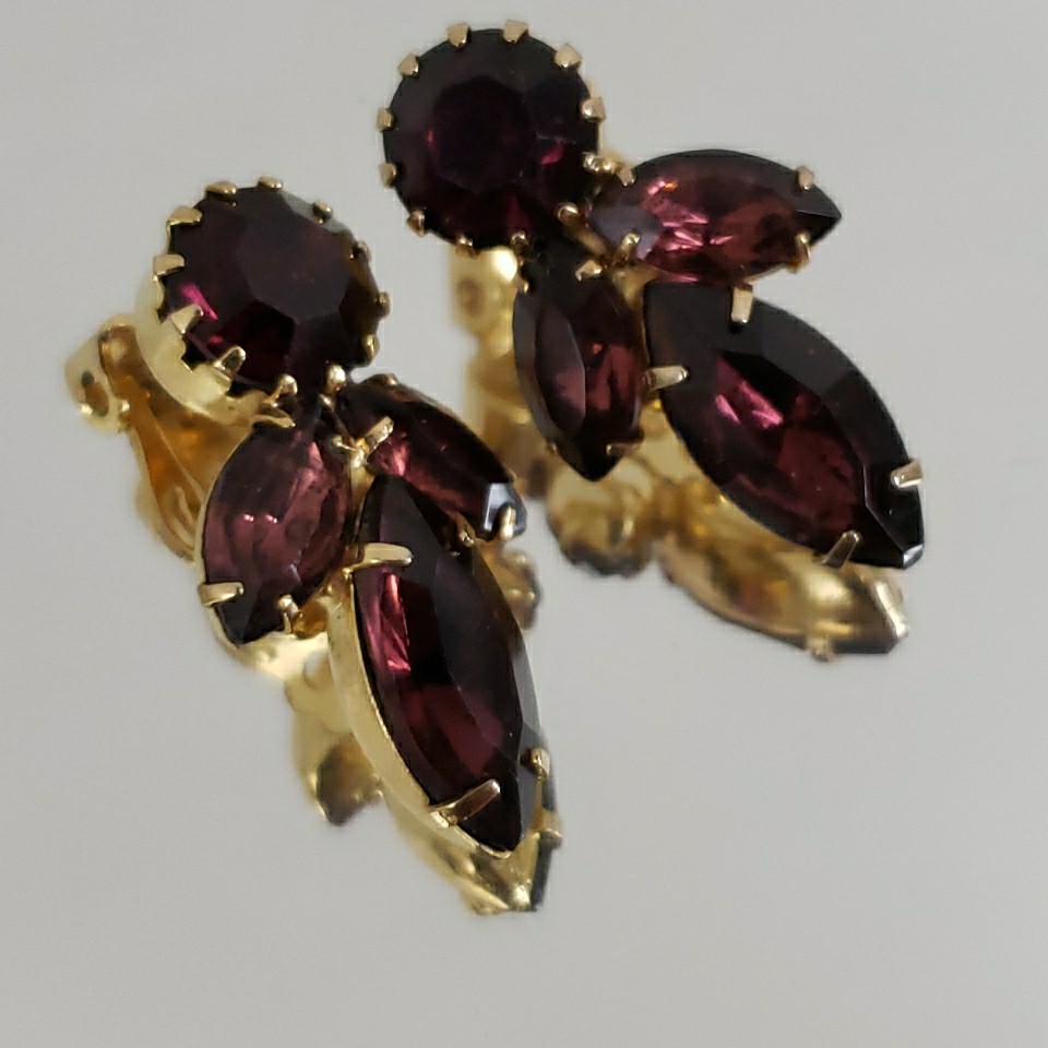 Vintage Purple Cluster Navette Prong Earrings Clip On Gold Tone